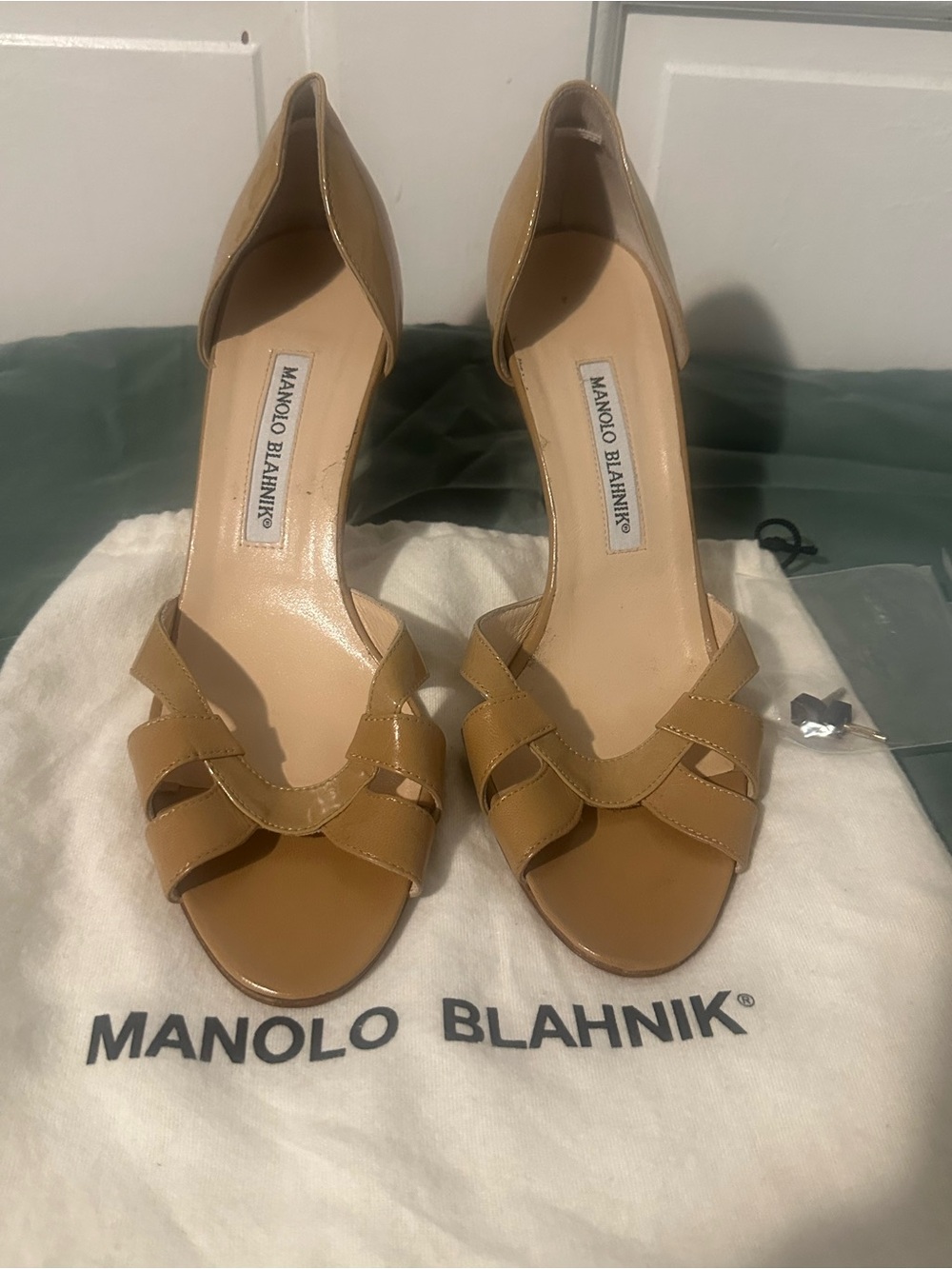 Manolo Blahnik Camel/Tan Open-Toe Leather Heels